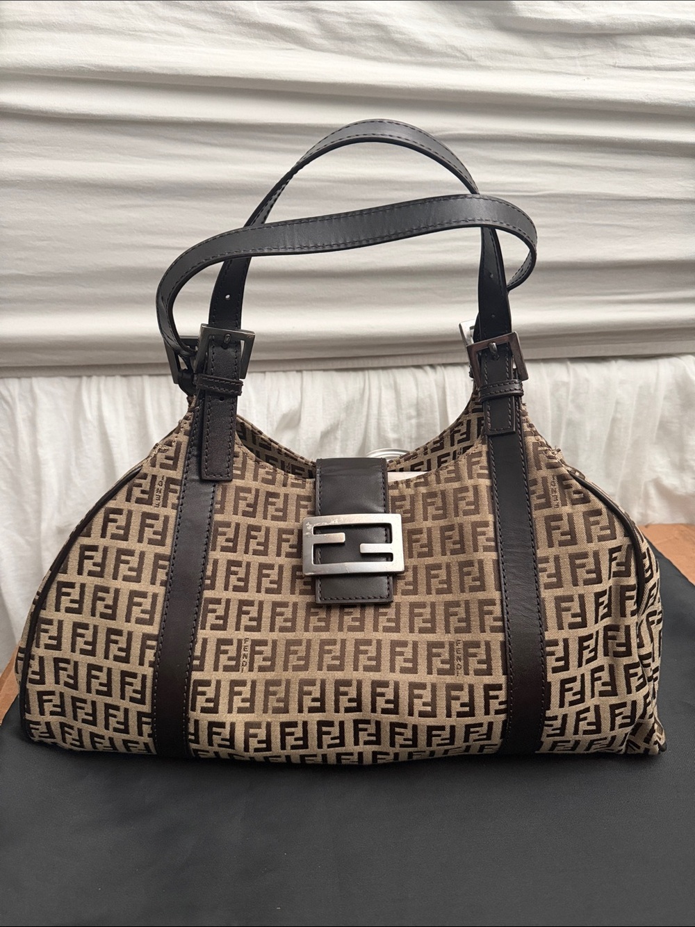 Fendi Tan and Brown Zucca Canvas Shoulder Bag with Double Handles